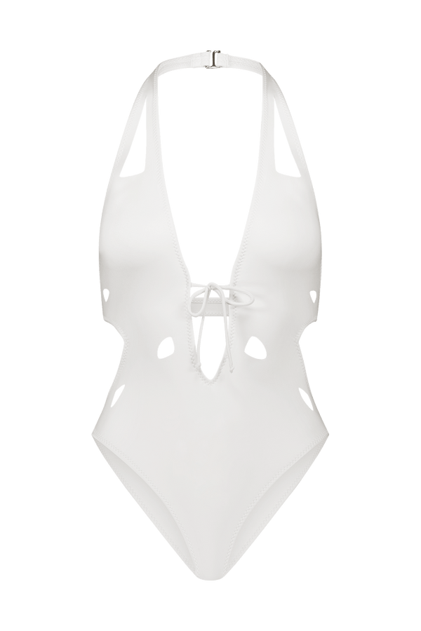 Low Cut White One Piece Swimsuit