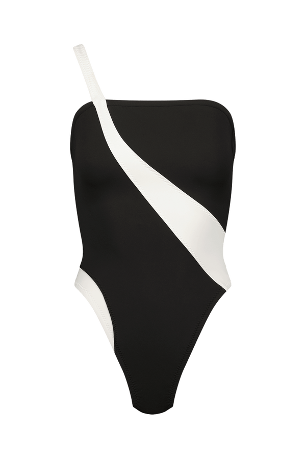 Black And White Single Shoulder Strap One Piece Swimsuit