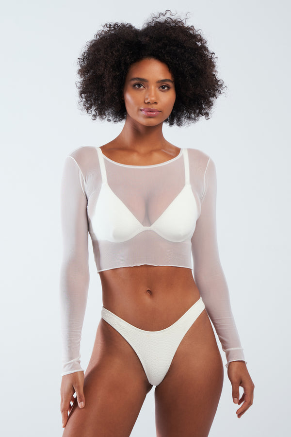 White Mesh Swim Cover Up Top with Long Sleeves