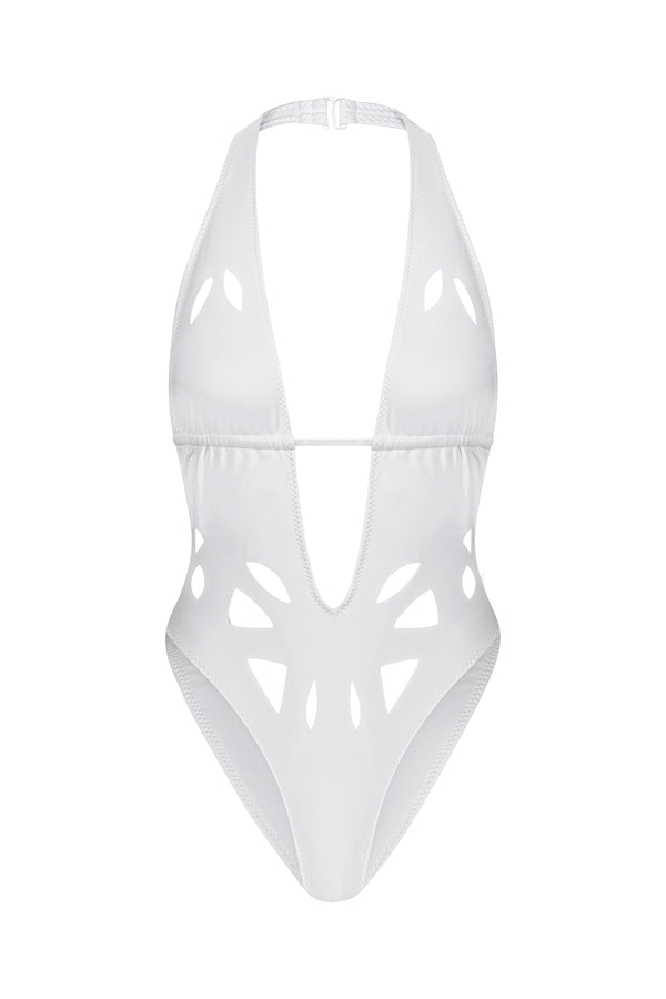 White One Piece Swimsuit with Cutout Pattern