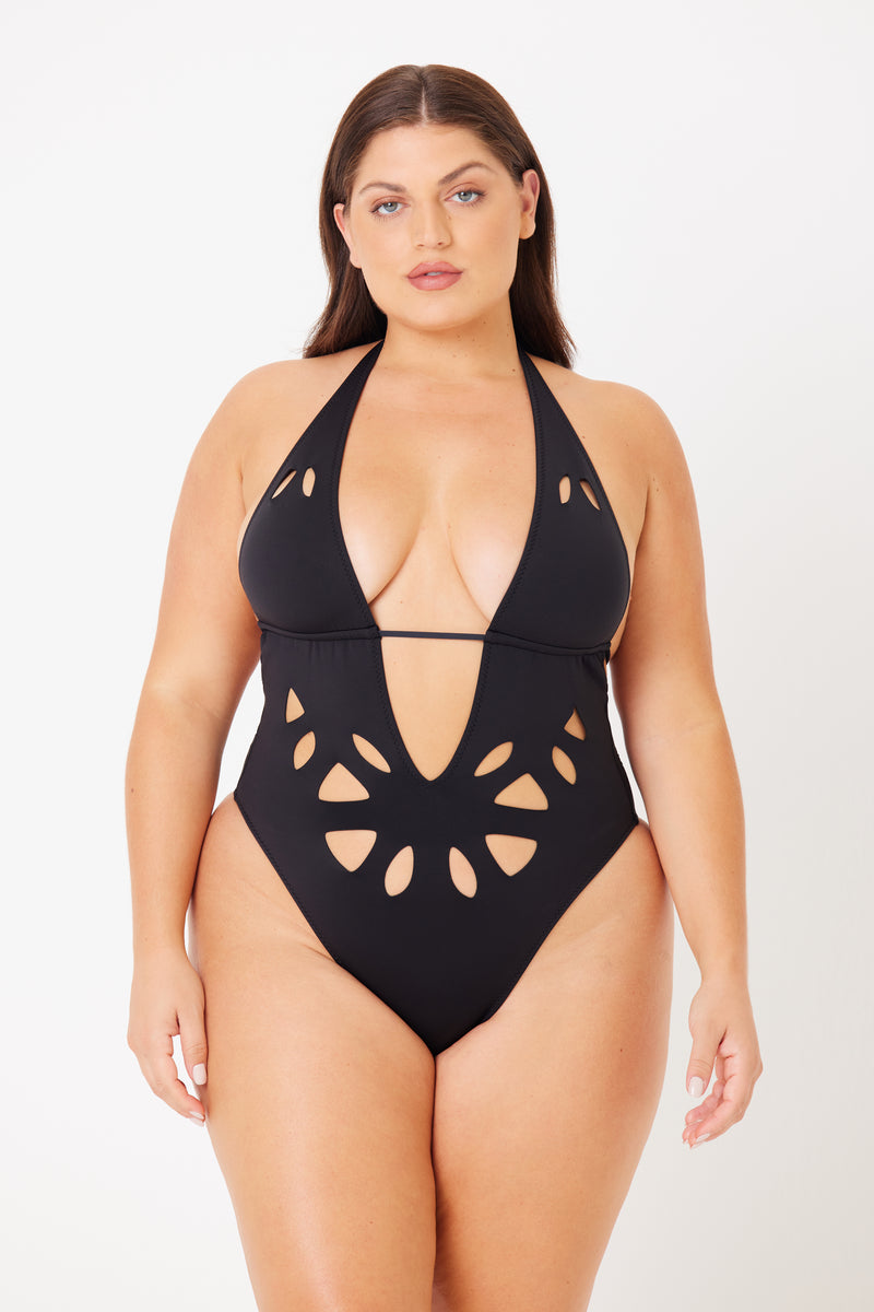 Black One Piece Swimsuit with Cutout Pattern