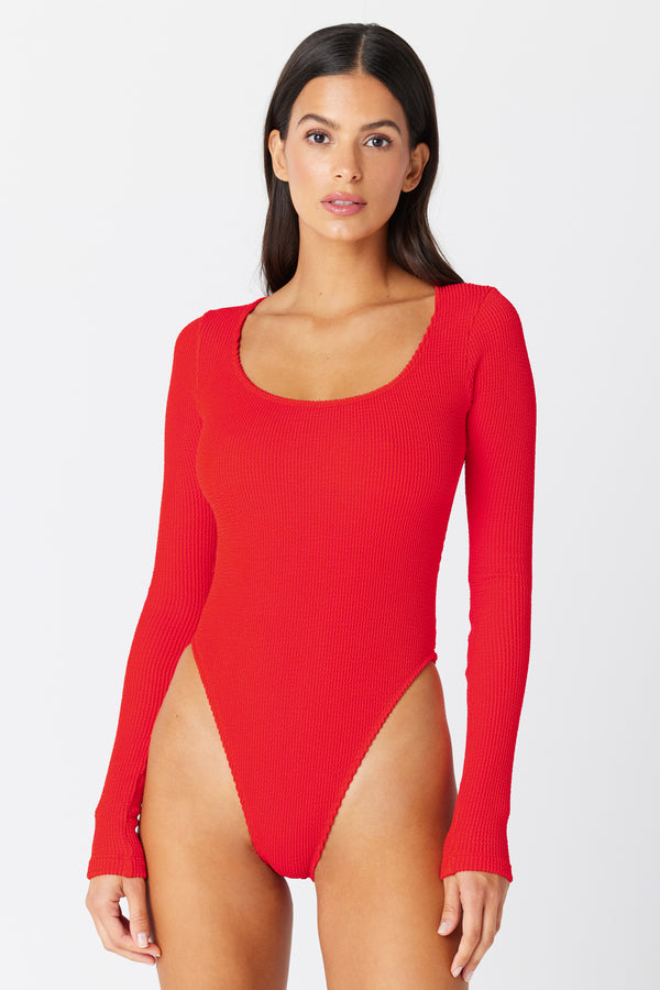 Red Long Sleeve One Piece Swimsuit