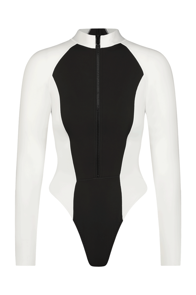 Black Ribbed Surf Suit Zip Front Surf Wear Full Coverage Swimwear
