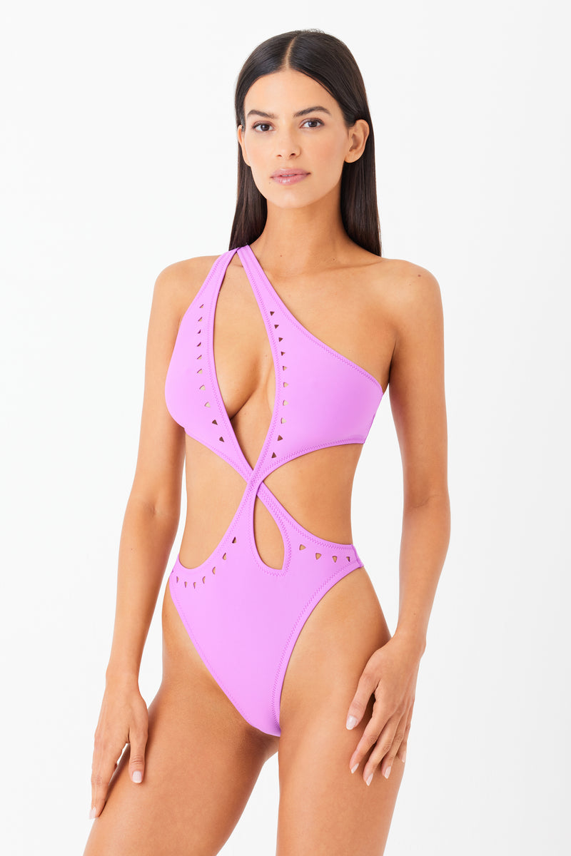 Asymmetrical Single Shoulder Purple One Piece Swimsuit